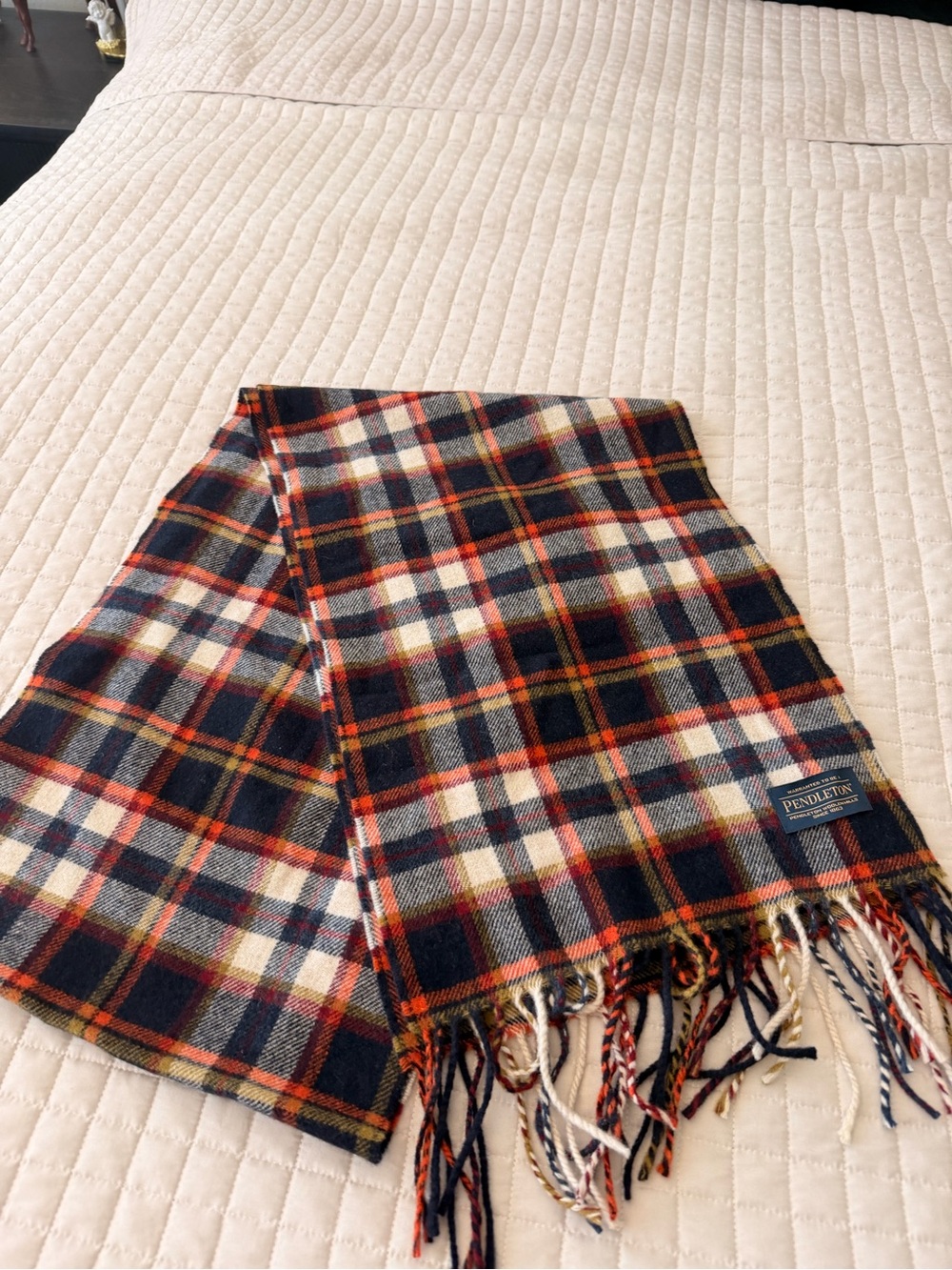 Pendleton Plaid Wool Scarf in Navy, Red & Cream